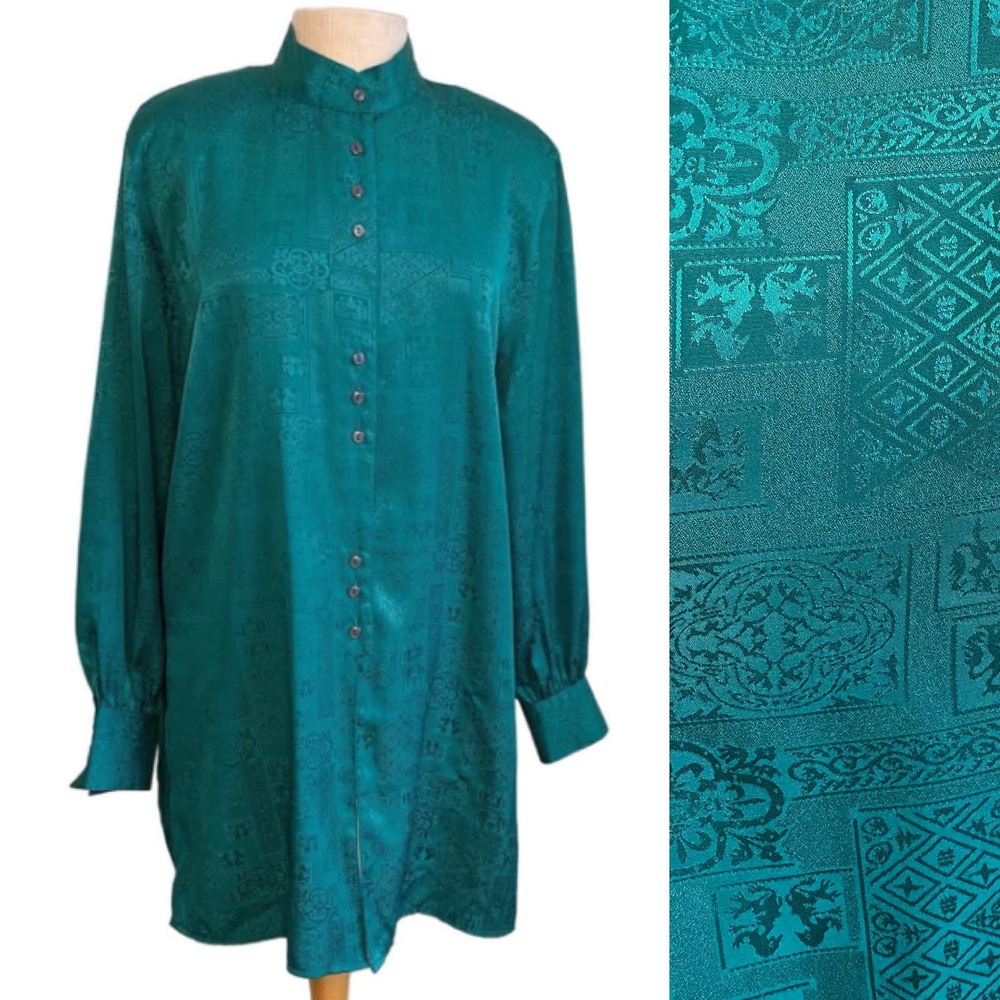 Vintage 90s teal satin tunic length blouse L